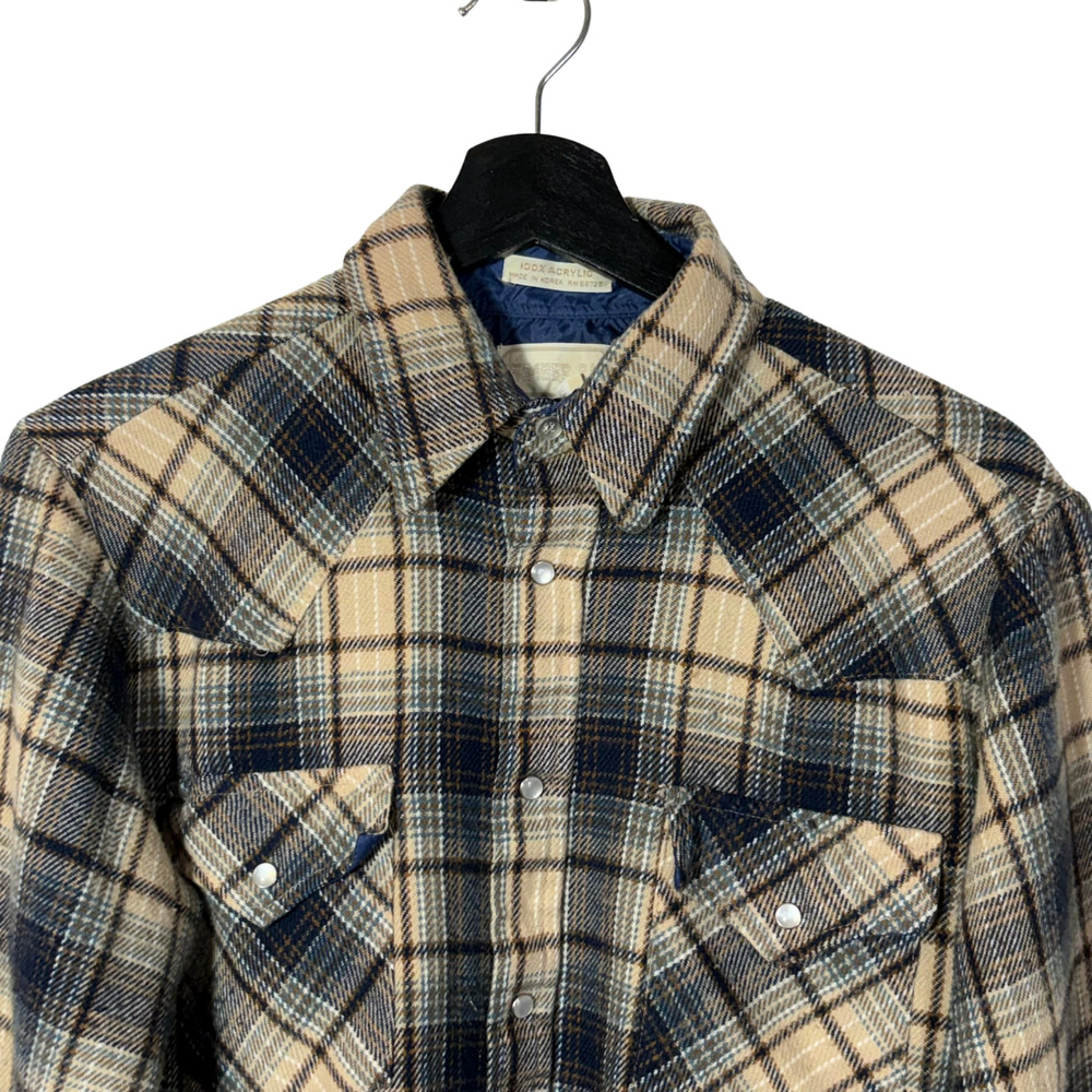 Tan Blue Shacket Pearl Snap Shirt Timber Run Flannel Plaid Boys Medium Vintage
